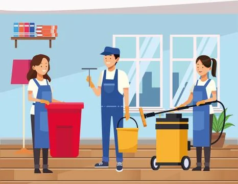 Housekeeping team workers cleaning house with equipment tools Stock Illustration