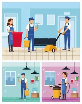 Housekeeping team workers with equipment tools Illustrazione stock