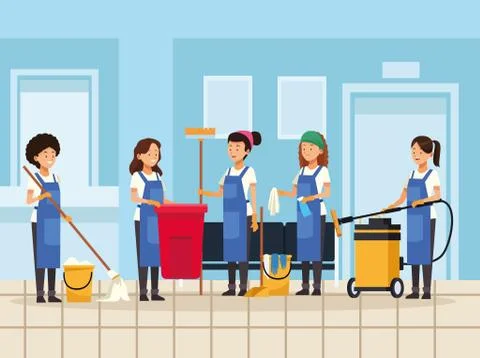 Housekeeping team workers with equipment tools characters Stock Illustration