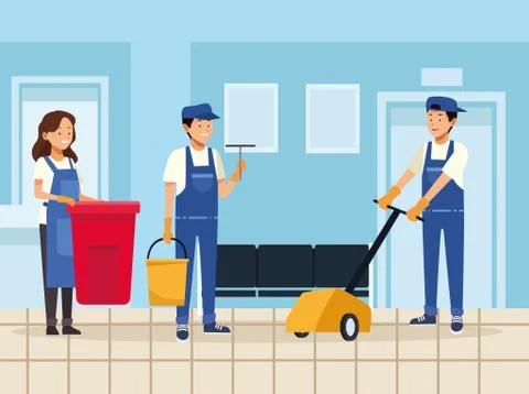 Housekeeping team workers with tools Illustrazione stock