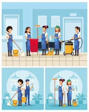 Housekeeping team workers with tools scenes 스톡 일러스트