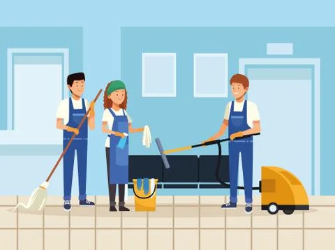 Housekeeping teamworkers with equipment tools 스톡 일러스트