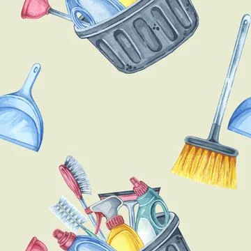 Housekeeping tools seamless pattern. Broom, dustpan, and bucket with various Stock Illustration
