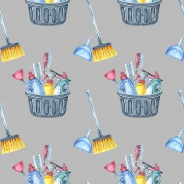 Housekeeping tools seamless pattern. Broom, dustpan, and bucket with brushes and 스톡 일러스트