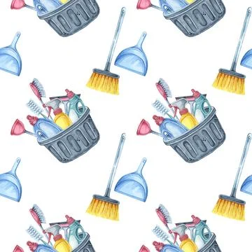 Housekeeping tools seamless pattern. Broom, dustpan, and bucket filled with 库存插图