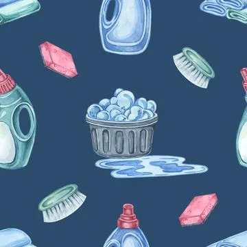 Housekeeping tools seamless pattern with brushes, sponges, and detergent bottles Stockillustratie
