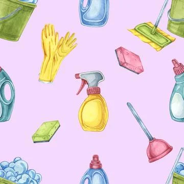 Housekeeping tools seamless pattern with cleaning items like gloves, sprays, and Illustrazione stock