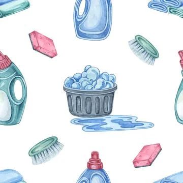 Housekeeping tools seamless pattern with cleaning items like soap, sponges, and Stock Illustration