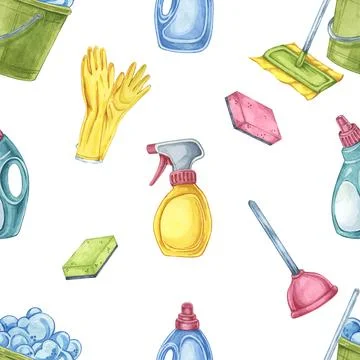 Housekeeping tools seamless pattern watercolor clipart with cleaning essentials Illustrazione stock