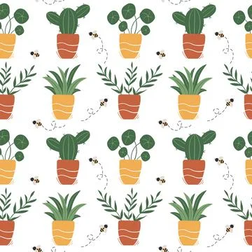 Houseplants in doodle style. Seamless pattern Stock Illustration