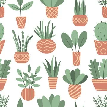 Houseplants in pots seamless pattern Stock Illustration