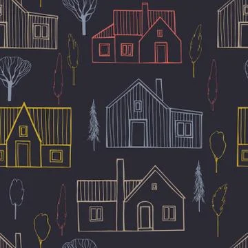 Houses and trees.  Vector  pattern. Stock Illustration