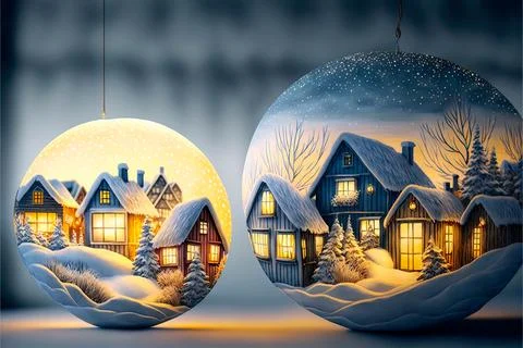 Houses Christmas String Lights in Cold Snow Landscape. Panorama, Banner. Stock Illustration