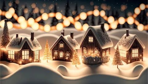 Houses Christmas String Lights in Cold Snow Landscape. Panorama, Banner. Stock Illustration