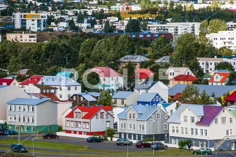 Houses with colored roofs in Akureyri Stock Photos