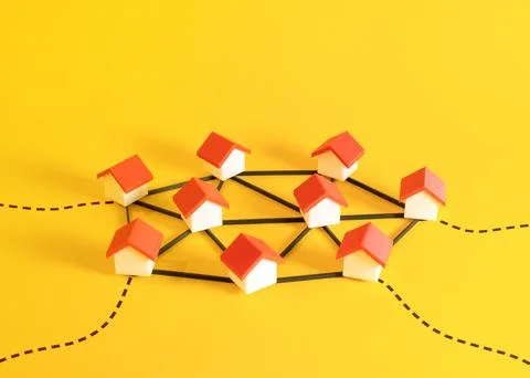 Houses connected into a single network. Local area network, cameras, sensor.. Stock Photos