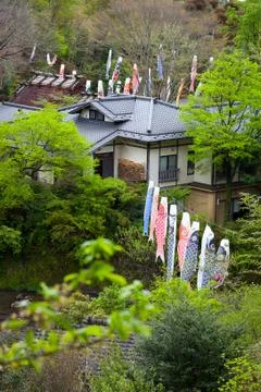 Houses decorated with carp streamers Foto stock
