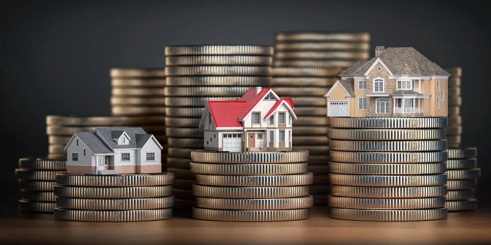 Houses of different size with different value on stacks of coins. Concept of  Stock Illustration