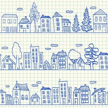 Houses doodles seamless pattern Stock Illustration