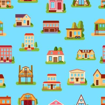 Houses front view vector seamless pattern Stock Illustration