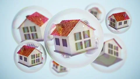 Houses inside floating bubbles. Real estate bubble concept. 3D illustration Ilustración de archivo