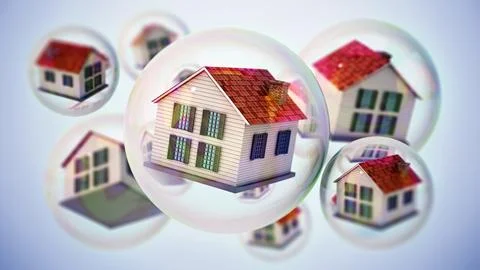 Houses inside floating bubbles. Real estate bubble concept. 3D illustration Ilustración de archivo