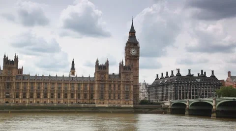 Houses of Parliament, Big Ben and Westminster Bridge near Thames Stock Footage
