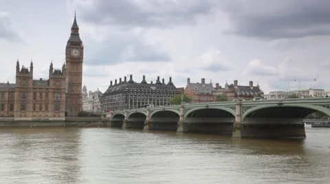 Houses of Parliament, Big Ben and Westminster Bridge in London Stock Footage