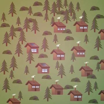 Houses in a Pine Forest Landscape Pattern - Vector Illustration Stock Illustration