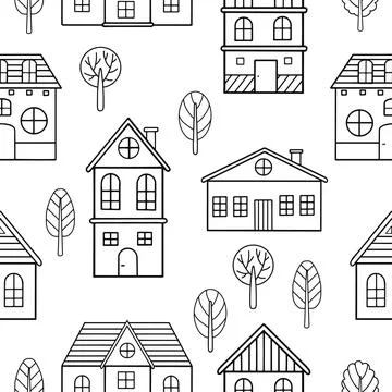 Houses seamless pattern. Vector hand-drawn illustration of a building in a Stock Illustration