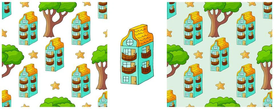 Houses. Set city seamless patterns. Pattern in hand draw style Stock Illustration