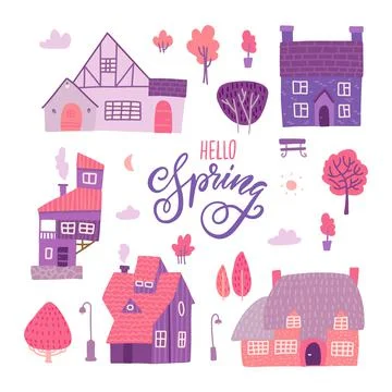 Houses for spring town constructor set. Elements for city illustration Stock Illustration