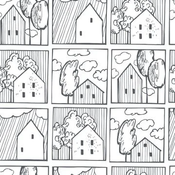 Houses with trees in squares. Vector pattern. Stock Illustration