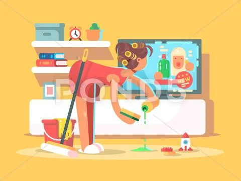 Housewife cleans house Stock Illustration