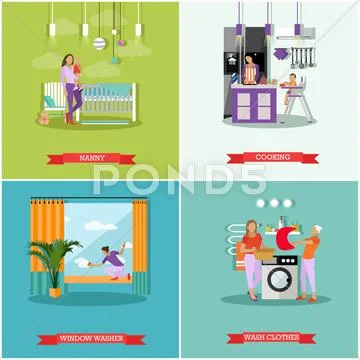 Housewife concept vector posters. Housekeeper woman taking care baby, cleaning Stock Illustration