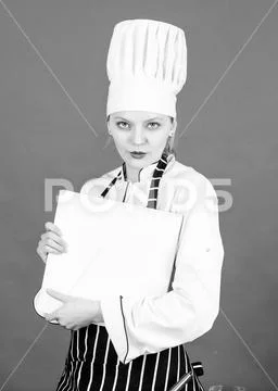 Housewife with cookery book. professional chef in kitchen. Cuisine. restaurant Stock-Fotos