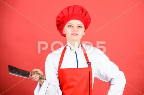 Housewife with cooking knife. professional chef in kitchen. Cuisine. butcher cut Stock-Fotos