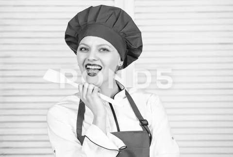 Housewife with cooking utensil. professional chef in kitchen. Cuisine. woman in Stock-Fotos