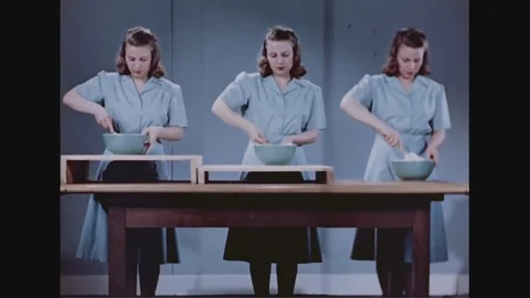 Housewife Demonstration Of Working In The Kitchen At Different Heights Stock Footage 93661503