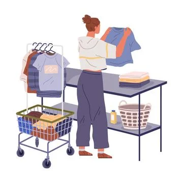 Housewife doing housework hangs washed clothes on hanger. Woman decluttering and Stock Illustration