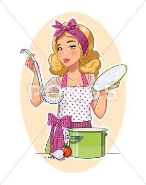 Housewife girl cooking food Stock Illustration