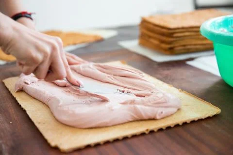 Housewife in process of baking delicious rectangular cake in kitchen - spreading Stock Photos