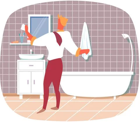 Housework concept with man in bathroom washes mirror or tile with rag. Stay at Illustrazione stock