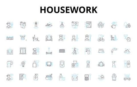 Housework linear icons set. Cleaning, Laundry, Cooking, Dishes, Mopping Stock Illustration