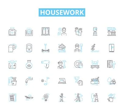 Housework linear icons set. Cleaning, Laundry, Cooking, Dishes, Mopping Stock Illustration