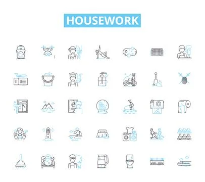 Housework linear icons set. Cleaning, Laundry, Cooking, Dishes, Mopping Stock Illustration