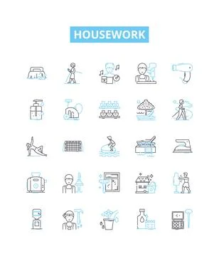 Housework vector line icons set. Cleaning, Dusting, Laundering, Vacuuming Illustrazione stock