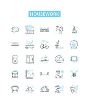 Housework vector line icons set. Cleaning, Dusting, Laundering, Vacuuming Stock Illustration