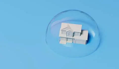 Housing bubble concept. White home in a transparent bubble. Property crisis. 3D Ilustración de archivo