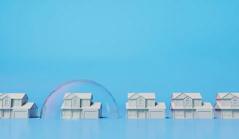 Housing bubble concept. White home in a transparent bubble. Property crisis. 3D Ilustración de archivo